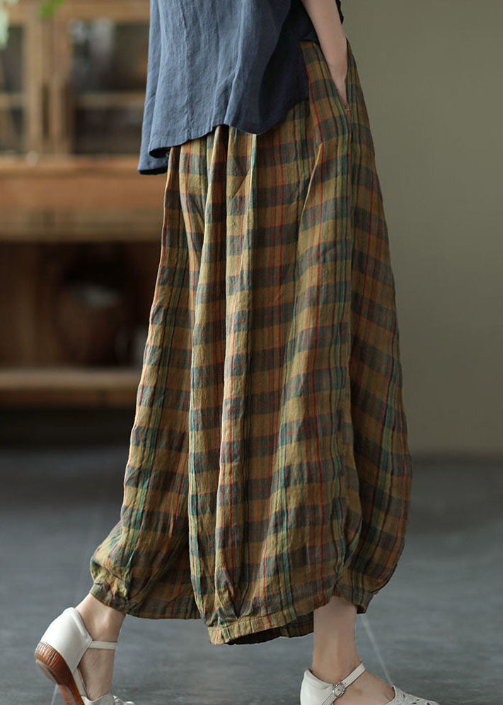 Yellow Plaid Print Cotton Wide Leg Pants Drawstring Spring