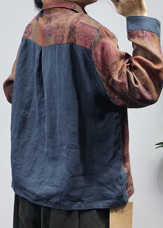 Chocolate Linen Shirt Top Button Peter Pan Collar Long Sleeve