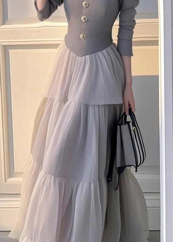 Grey V Neck Patchwork Tulle Long Dress Spring