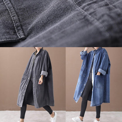 French Denim Blue Box Coat Shape Stand Collar Drawstring Coat