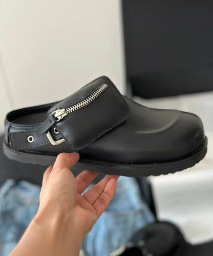 Splicing Platform Black Cowhide Leather Slide Sandals
