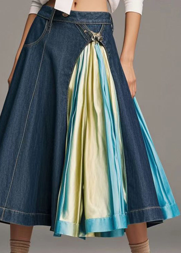 Navy Asymmetrical Patchwork Tie Dye Denim a Line Skirts Fall