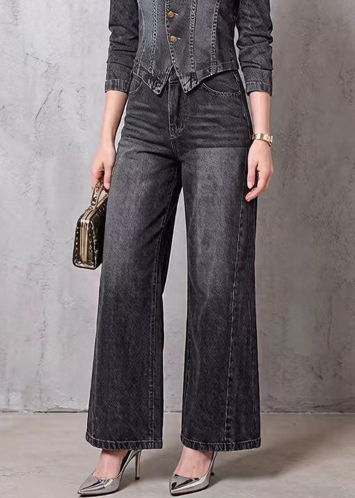 V Neck Top and Pants Denim Two Pieces Set Spring