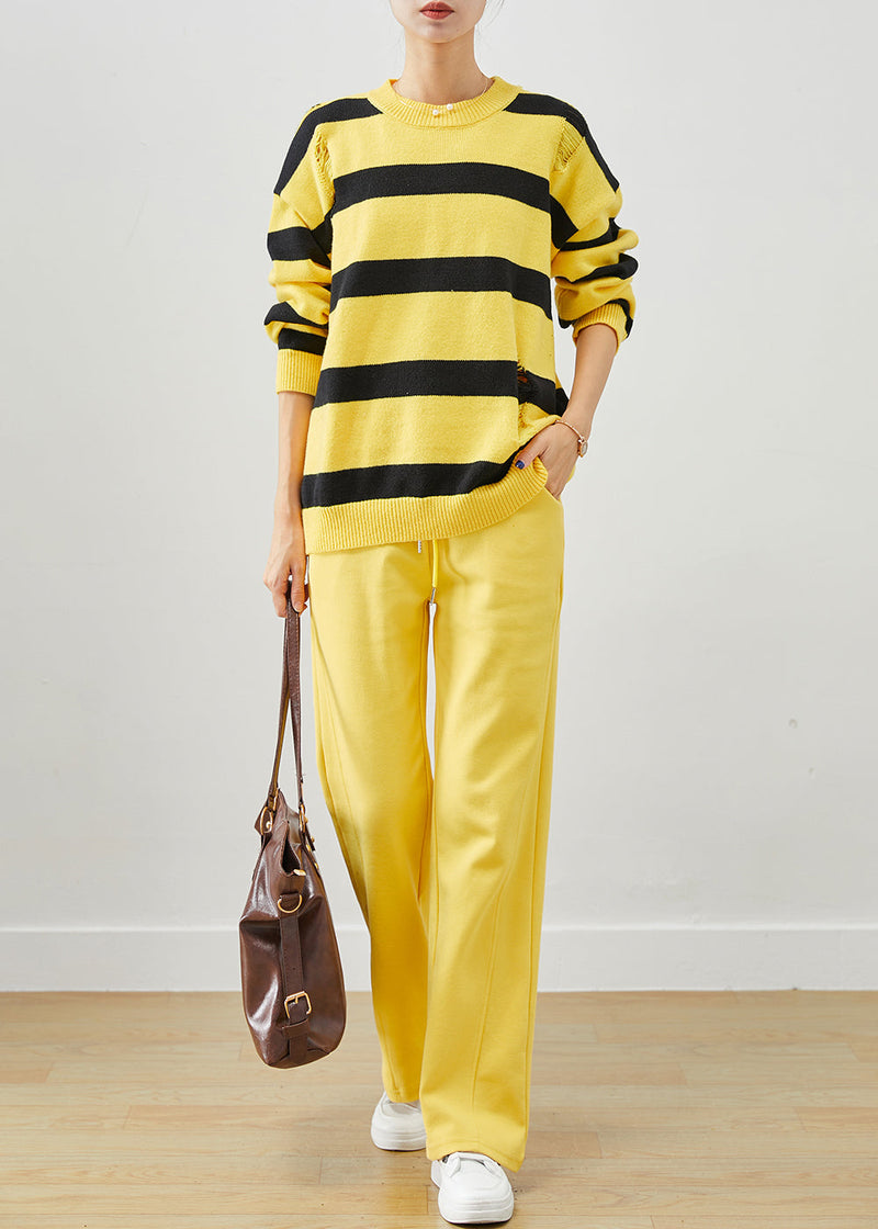 Yellow Oversized Striped Knit Ripped Two Pieces Set Fall