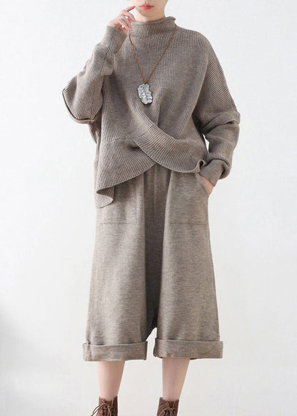 Khaki Turtleneck Knit Sweaters and Crop Pants Two Pieces Set Fall