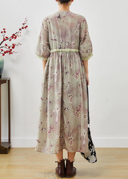 Khaki Print Patchwork Linen Cinched Dress Summer