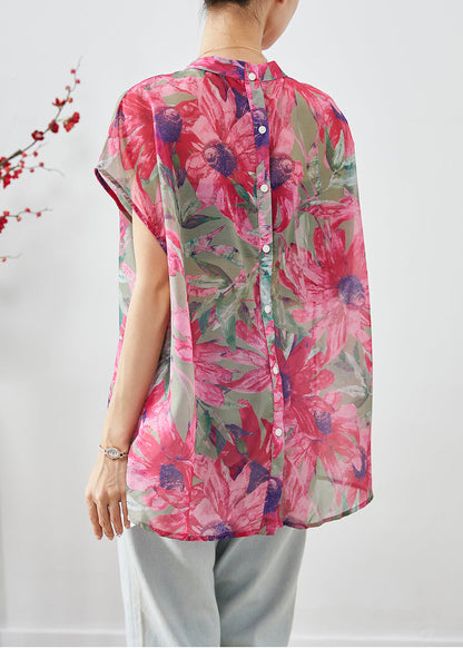 Italian Pink Print Wear on Both Sides Linen Silk Blouse Tops Summer