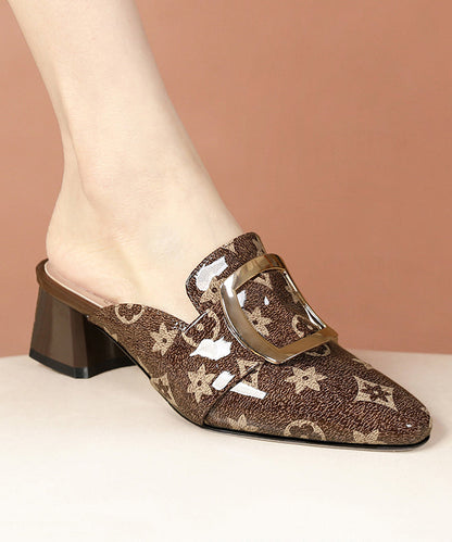 Embossed Chunky Brown Cowhide Leather Slide Sandals