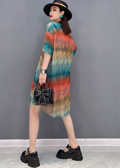 Red Striped Print Cotton Sets Two Pieces Low High Design Summer