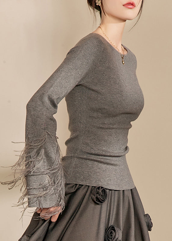 Fitted Grey O-neck Tassel Cotton Knit Sweaters Spring