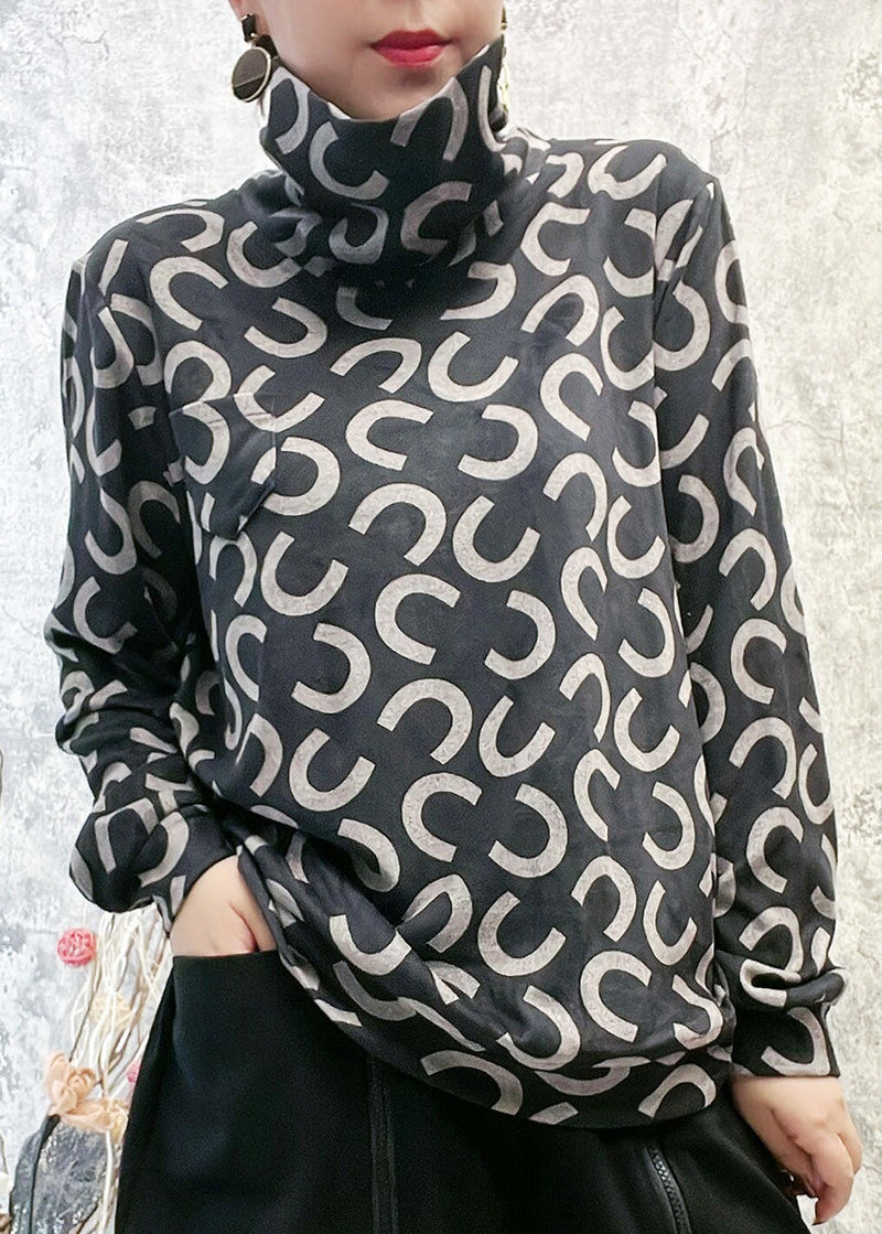 Italian Black Turtleneck Print Tops Long Sleeve