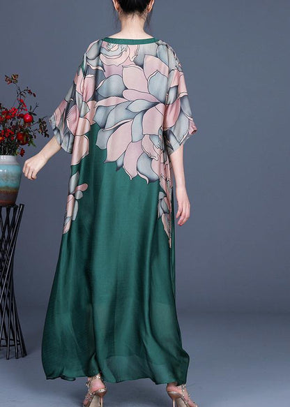 French Green Print Three Quarter Sleeve Silk Summer Dress Two Pieces Set