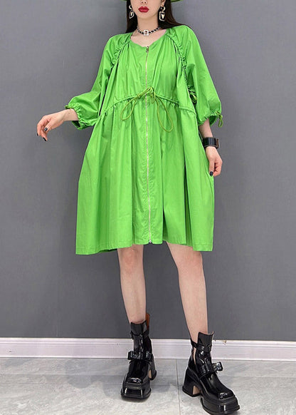 Loose Green O-neck Ruffled Drawstring Zippered Trench Coats Three Quarter Sleeve