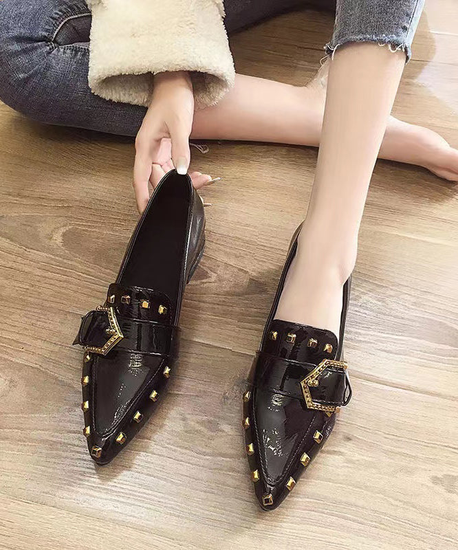 Black Chunky Heel Faux Leather Pointed Toe Rivet