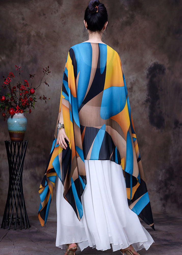 Yellow Blue Asymmetrical Design Print Chiffon Top Batwing Sleeve