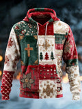 Comstylish Christmas Tree & Cross Patchwork Design Men's Flannel Hooded Sweatshirt