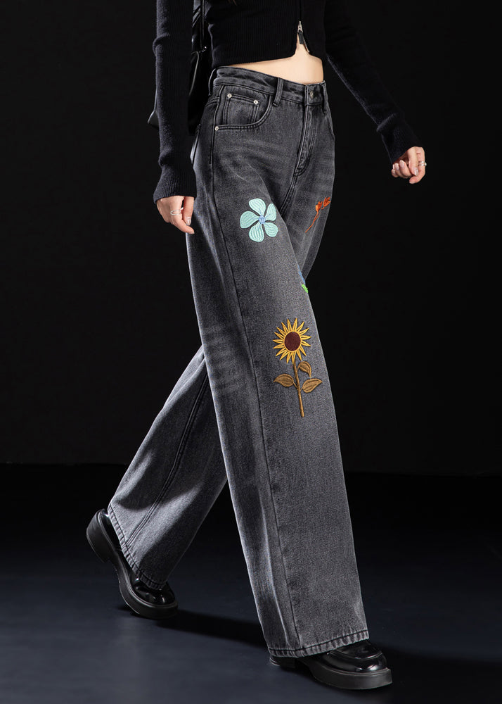 Handmade Black Embroidered Warm Fleece Denim Pants Spring