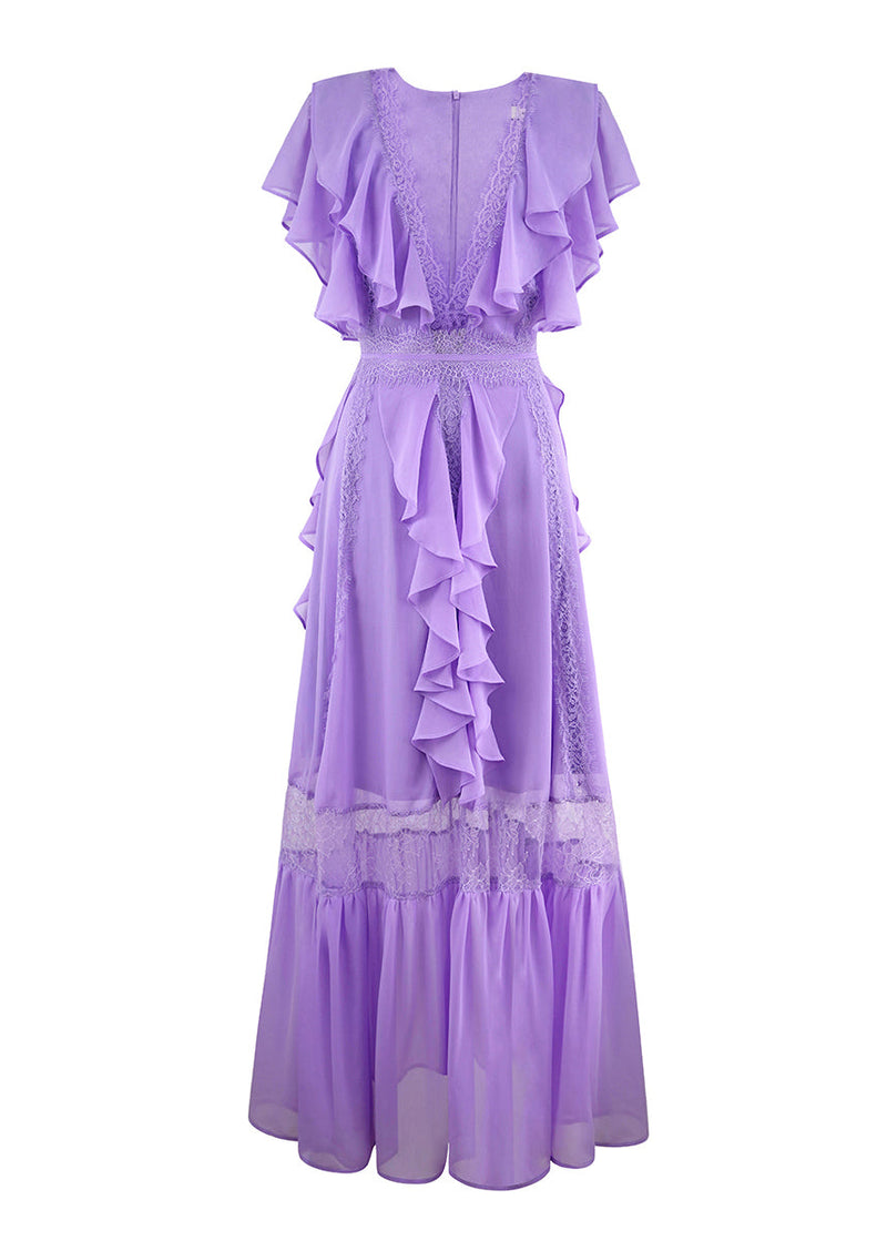 Purple V Neck Ruffled Lace Patchwork Silk Ankle Dress Summer