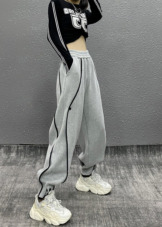 Grey Asymmetrical Pockets Elastic Waist Cotton Sport Pants Fall
