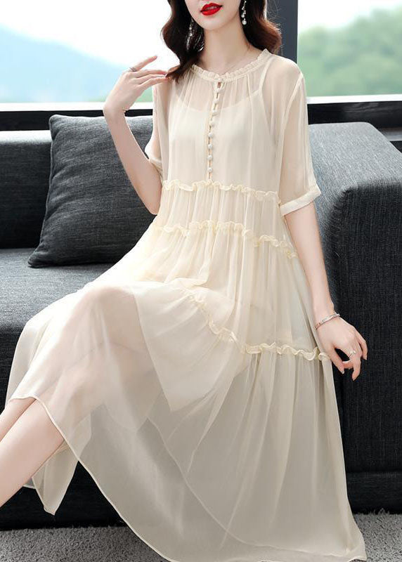 Apricot Patchwork Silk Two Pieces Set O-neck Ruffled Dress Summer