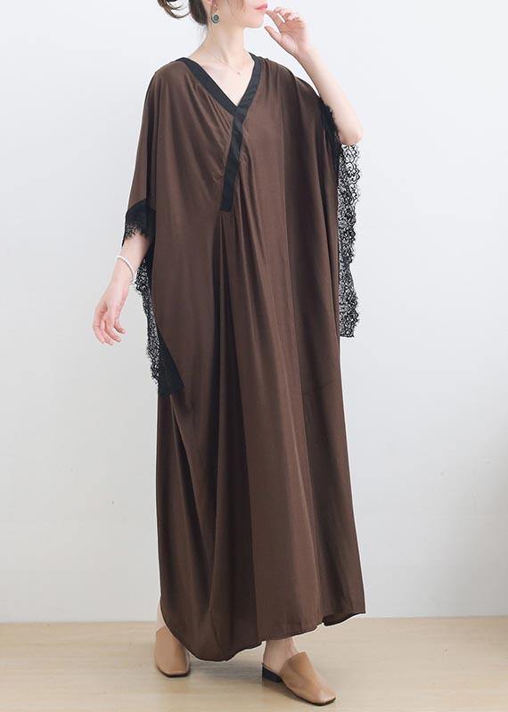 Chocolate Lace Trim Caftan Maxi Summer Chiffon Dress Gown