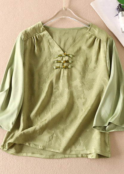 Green Chinese Jacquard Button Patchwork Silk Shirt Bracelet Sleeve