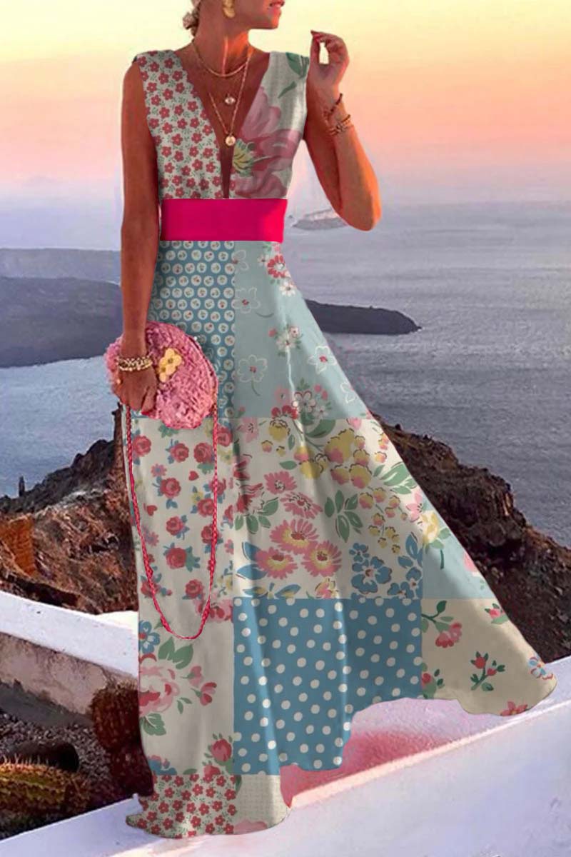 Simplicity White Flowers Split Joint V Neck a Line Dresses Summer