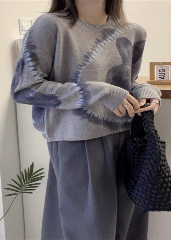 Grey O Neck Animal Print Thick Woolen Sweaters Fall