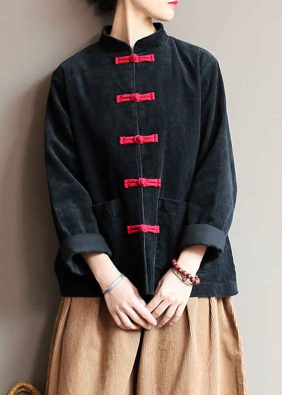 Black Stand Collar Oriental Button Corduroy Coat Spring