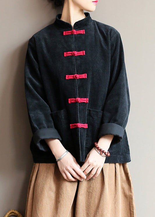 Black Stand Collar Oriental Button Corduroy Coat Spring