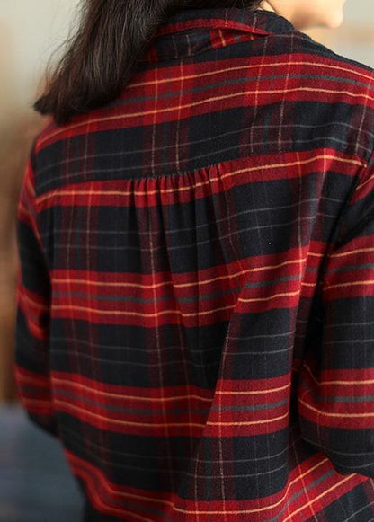 Modern Peter Pan Collar Spring Tunic Top Red Plaid Shirts
