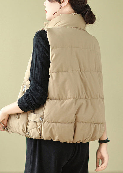 Khaki Zip Up Patchwork Fine Cotton Filled Vest Sleeveless