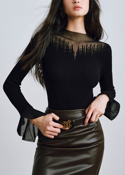 Black O-neck Tulle Patchwork Knitting Cotton Tops Fall