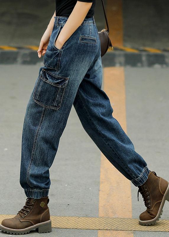 Blue Patchwork Pockets High Waist Cotton Beam Denim Pants Fall