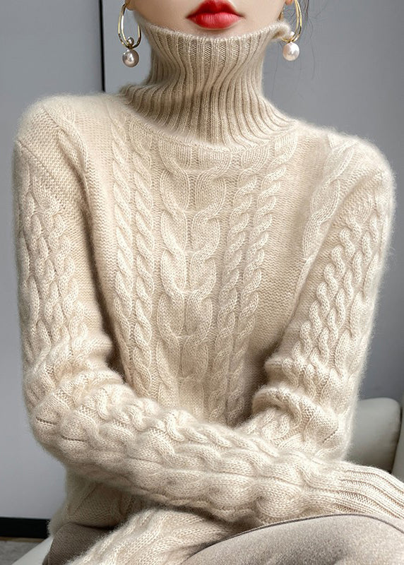White Turtleneck Wool Cable Knit Sweaters Long Sleeve