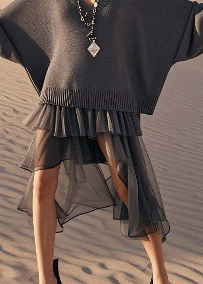 Grey V Neck Tulle Wrinkled Patchwork Knit Sweater Dress Spring