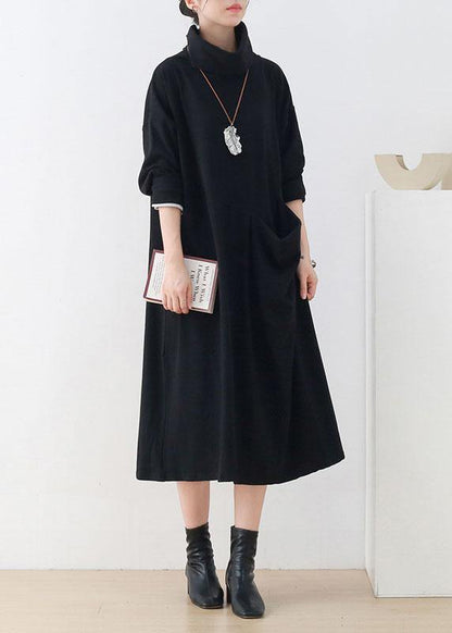 Handmade Black Loose Turtleneck Fall Cotton Dress Long Sleeve