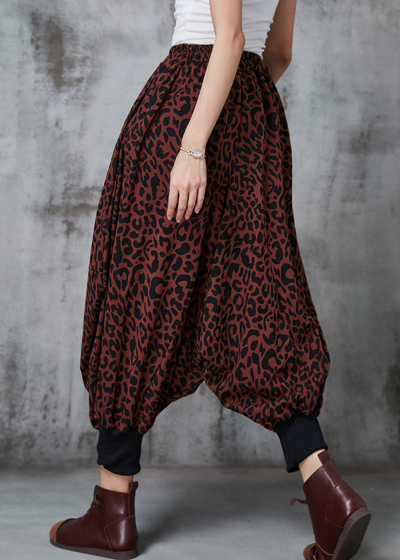 Brick Red Oversized Leopard Print Warm Fleece Lantern Pants Spring