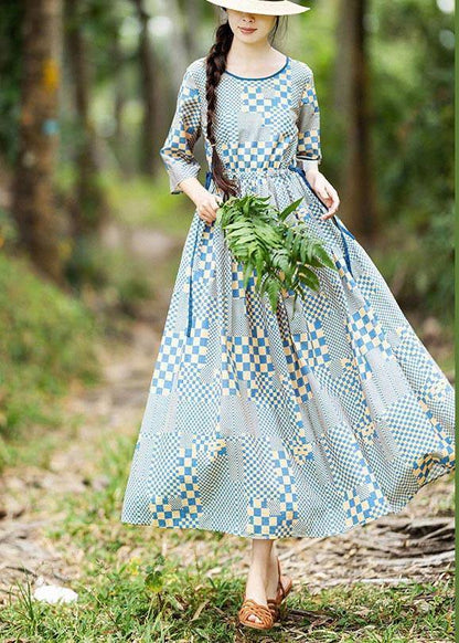 Art Yellow Blue Plaid Tie Waist Dress Summer Linen Dress