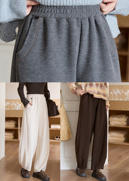 New Beige Pockets Elastic Waist Woolen Pants Spring