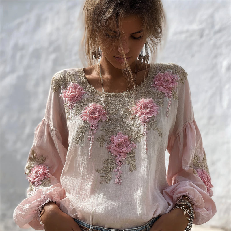 Comstylish Vintage Pink Flowers Glitter Embroidered Flowy Linen Tunic