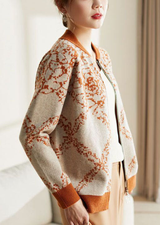 Orange O-neck Embroideried Warm Woolen Coat Long Sleeve