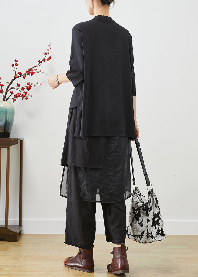 Style Black Asymmetrical Patchwork Linen Silk Two Pieces Set Spring