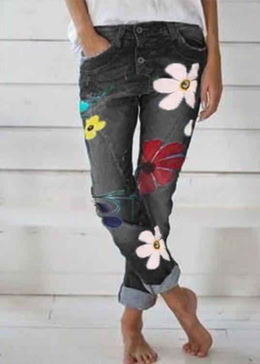 Flower Print Button Denim Long Jeans for