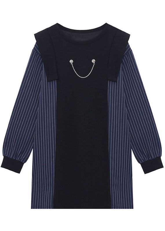 Fitted Blue O-neck Patchwork Striped Fall Dress Long Sleeve