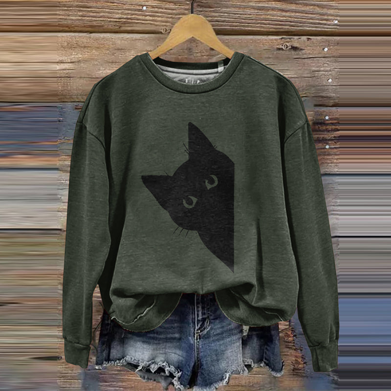 Women's Peek-A-Boo Black Cat Printed Sweatshirt elevenforest