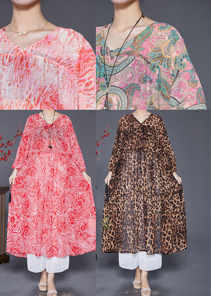 Pink Cinched Print Chiffon Vacation Dresses Fall
