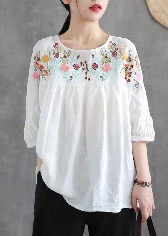 Loose Navy O-neck Embroideried Cotton T Shirt Half Sleeve