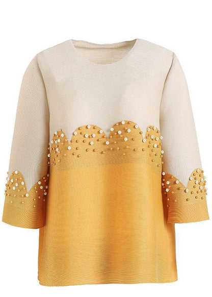 Organic Yellow Patchwork Nail Bead Shirt Top Short Sleeve