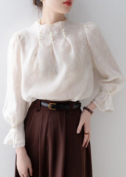 Fitted White Jacquard Nail Bead Chiffon Top Spring